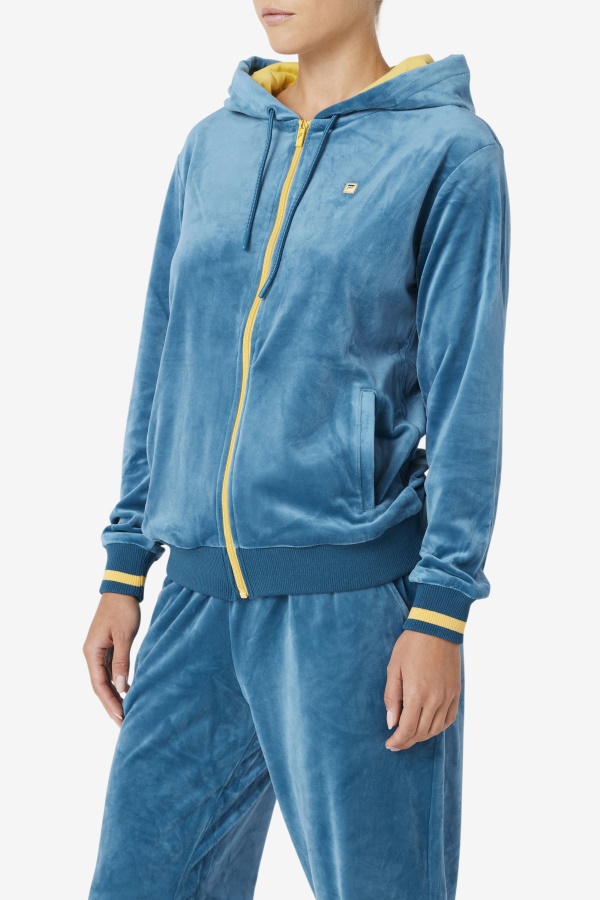 Fila Tove קטיפה קפוצ\'ון מלא רוכסן כחול קורל/בננה